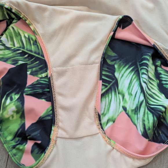 Albion Black and White Striped Bikini Top with Pink and Green Leaf Bottoms - Picture 6 of 9